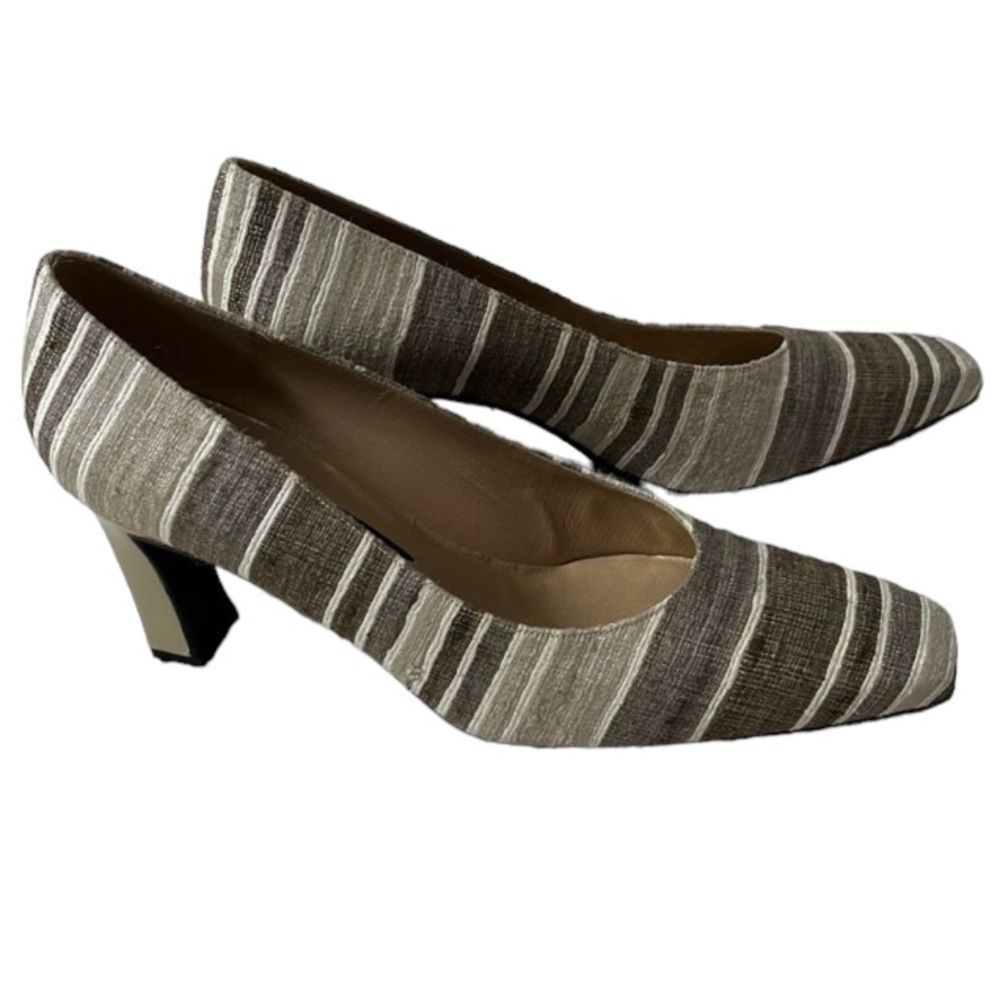 Stuart Weitzman Brown and Cream Striped Mid Heel Pumps